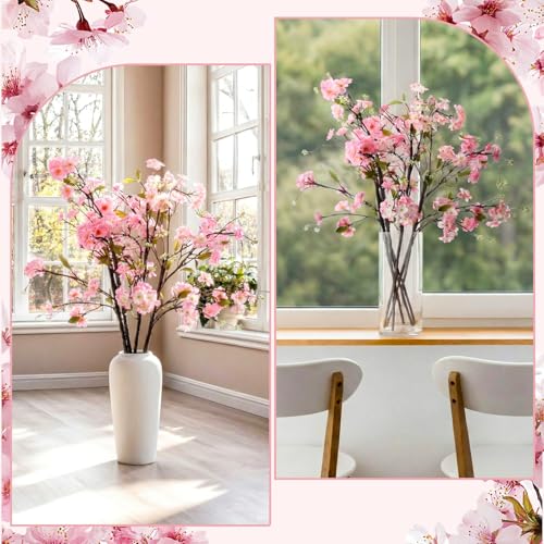Giegxin 35in Pink Artificial Cherry Blossom Branches Fake Spring Faux Cherry Blossom Branch Intertwined with Green Budding Long Stem 3 Pcs for Vase Floral Arrangement Wedding Party Spring Decoration - color: Pink, size: 35 Inch, style: Cherry Blossom Bran