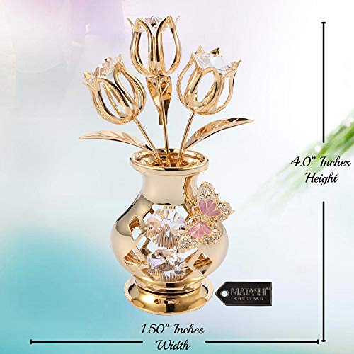 Matashi 24K Gold Plated Crystal Flower Figurine with Clear Crystals & Butterfly – Luxury Decorative Tulip Statue, Elegant Tabletop Home Décor, for Mother's Day, Valentine's Day, Christmas - color: Clear Crystal