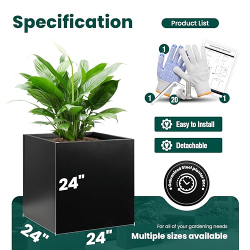 Galvanized Steel Planter Box Black Metal Planter 24Inch Large Square Indoor Outdoor Planters Cube Steel Heavy Duty Planter Powder Coating Modern Commercial Residential for Plants, Patio, Yard, Garden - color: Black, size: 24" L x 24" W x 24" H