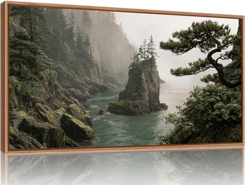 Rantodecor Coastal Forest Framed Canvas Wall Art, Pacific Northwest Coast landscape Wall Decor, Nature PNW Mountain Sea Art Paintings, Sage Green Pine Artwork for Bedroom Living Room Office 40"x20" - color: Coastal Forest, size: 40"L x 20"W
