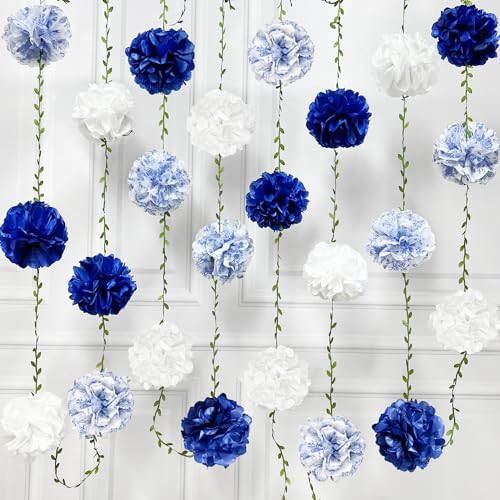 Blue and White Floral Royal Blue Tissue Flowers Pom Pom with Sage Green Leaf Ribbon Hanging Streamer Garland for Birthday Baby Shower Wedding Engagement Chinoiserie Theme Party Decorations Supplies - color: Blue Floral