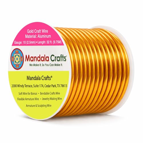Mandala Crafts 10 Gauge Anodized Aluminum Craft Wire for Jewelry Making - 32 FT Colored Flexible Gold Tone Wire - Bendable for Bonsai Armature Crafting Sculpting - color: Gold, size: 10 Gauge