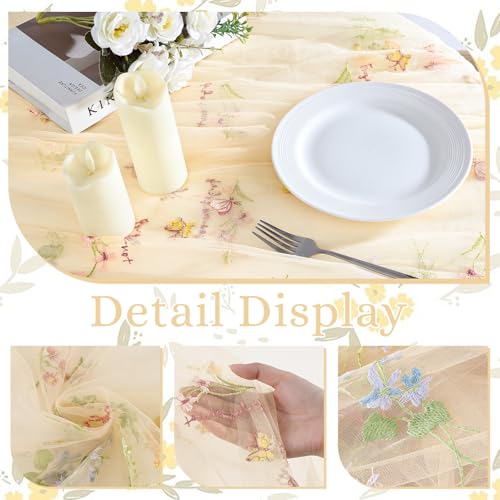 BINBE 3pcs Champagne Florals Table Runner Embroidery Gauze 10FT Daisy Seasonal Tulle Birthday Wedding Holiday Kitchen Dining Table Decor for Home Party - color: Champagne, size: 10ft x 3pack