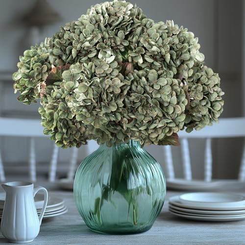 Hydrangea Artificial Flowers,Green Artificial Flower Fake Silk Hydrangea, Heads Bouquet with Stems Bulk for Fall Decoration Table Center Indoor Outdoor Faux Floral Plants 8pcs (Green) - color: Green