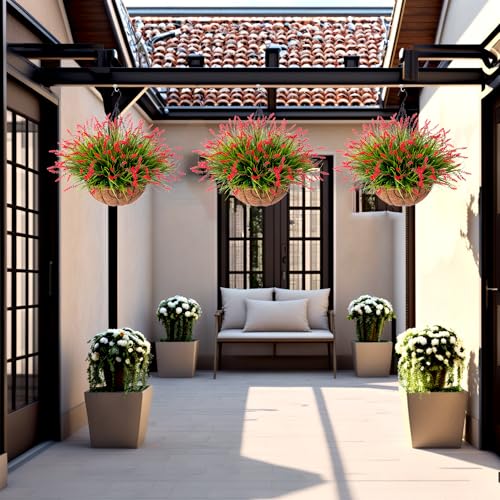 Artificial Faux Plants Flowers for Outdoor Decorations, Fake Monkey Grass for Outside Porch Patio, No Fade Realistic Greenery Plant, UV Resistant Artificial Bush Shrubs for Courtyard Window Garden - color: Red, size: 12 Pcs