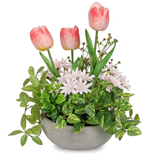 Flower Centerpieces 10.6" Artificial Plants & Flowers in Pot Mixed Artificial Tulip with Pink Flowers Green Plant, Realistic Farmhouse Flowers Arrangements for Table Office Desk Kitchen Home Decor - color: Pink