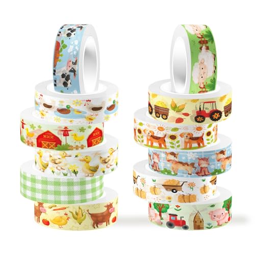 12 Rolls Farm Animals Washi Tape Set, Farmhouse Cow Sheep Pig Ducks Decorative Tapes, Fall Cute Cartoon Masking Tape for Journaling Scrapbook Journals Planners DIY Crafts Christmas Party Decor 16.4FT - color: N