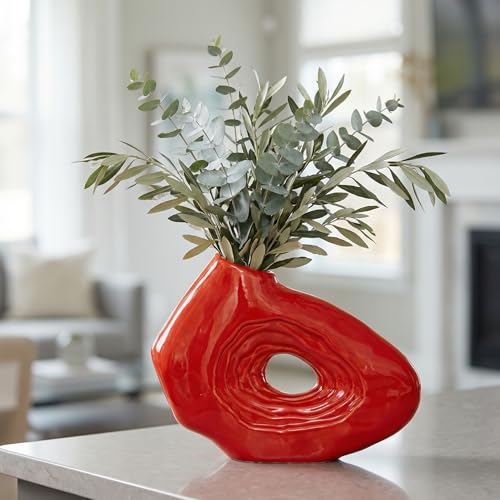 Sunddo Red Ceramic Vase, 7 Inch Small Boho Style Decorative Vases for Flowers, Donut Modern Flower Vase for Home Decor, Art Nordic Aesthetic Vases, Living Room, Desk Decor - color: Red, size: 7 inch