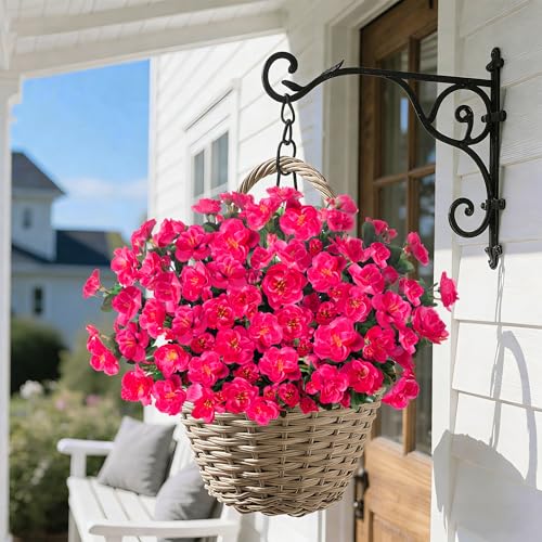 HyeFlora Artificial Faux Outdoor Flowers Plants for Spring Summer Decoration, Fake Silk Hotpink Camellia UV Resistant Look Real for Planter Outside Front Door Porch Patio Balcony, 3 Large Bundles - color: Hotpink