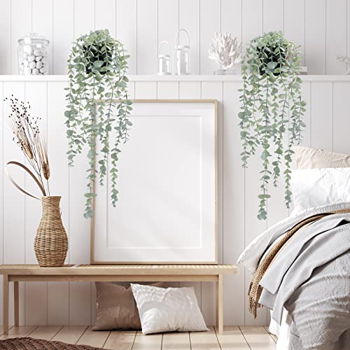 COCOBOO 2 Pcs Artificial Eucalyptus Plants Shelf Hanging Fake Plant in Pot for Wall Bedroom Home Patio Indoor Outdoor Decor - size: 5.9in-24in