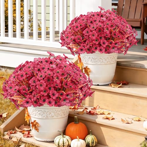 22 Pack Artificial Flowers Outdoor Fake Plants, Faux Flowers UV Resistant with Plastic Plants, Faux Silk Flowers for Outdoors Outside Front Porch Hanging Planter Window Garden Decoration(Dark Red) - color: Dark Red, size: 22 Bundles