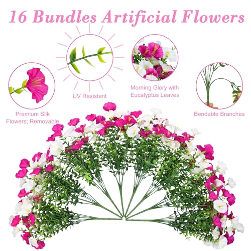 Artificial Flowers for Outdoors, 16 Bundles Mix Color Silk Faux Flowers Morning Glory UV Resistant Eucalyptus Plants Fake Petunias Plants for Porch Garden Planters Window Box Outside Indoor Decor - color: Fuchsia White