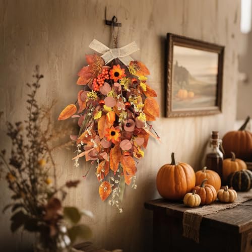 2 Pcs 24" Artificia Fall Teardrop Swag Autumn Harvest Sunflowers Pumpkins Leaves Berries Door Swag Hanging Flower Wreath for Thanksgiving Fall Front Door Window Wall Decor - color: Fall Swags-1