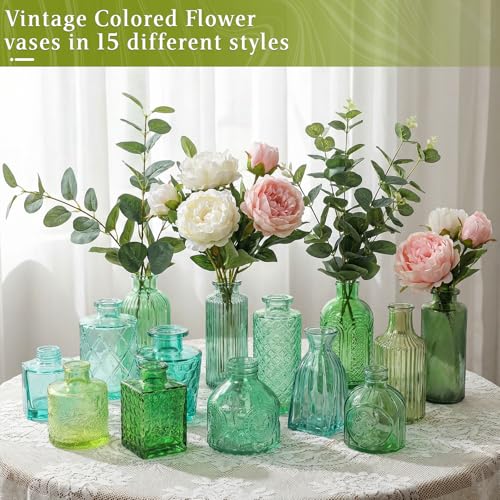 Set of 30 Green Colored Glass Bud Vases - Small Textured Flower Vases for Centerpieces, Wedding Table Decor, Retro Home Decor Bulk Vase Set for DIY, Events & Gifts - color: Green