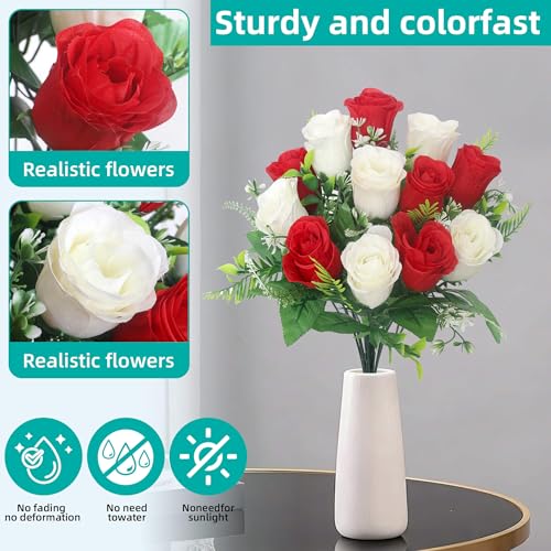Artificial Rose Bouquets Fake Roses Flowers Set of 4 Realistic Silk Flowers for Cemetery Headstone Home Wedding Decoration UV Resistant No-Fading(Red White) - color: Red White