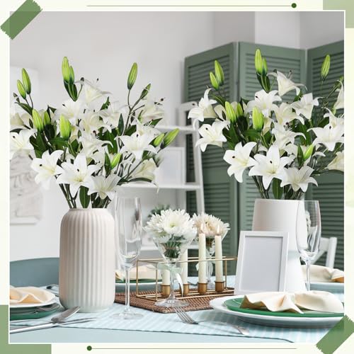 Dingion 6 Pcs 18 Heads Artificial Lily Flowers 31.5'' Mother's Day Lily Flowers Long Stem Fake Bouquet Latex Realistic 3 Big Flower Head 3 Bud for Tall Vase Home Table Wedding Decoration(White) - color: White