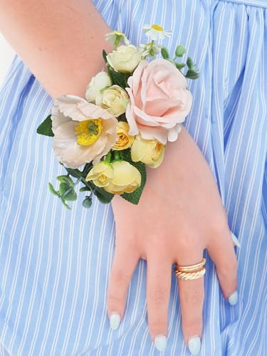 Rinlong 2Pcs Pastel Pink Wrist Corsage for Wedding, Prom, Homecoming | Bridesmaid Wristlet, Mother of the Bride Flower Corsage - color: 17-yellow Pink