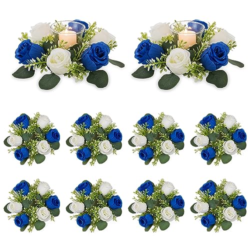 NUPTIO Small Wreath for Table Centerpieces: 9.05 Inch Royal Blue & White Flower Candle Rings 10 Pcs for Wedding Party Christmas - Rose Wreaths for Spring Summer Front Door Porch Decor 6 Pcs - color: Royal Blue & White, size: Dia 9.05"-10pcs
