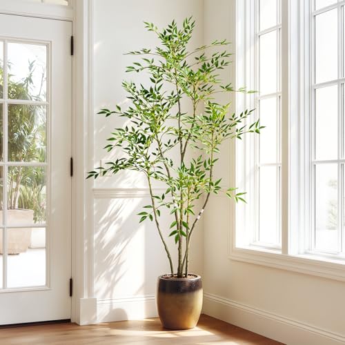 Large Artificial Nandina Trees Tall Fake Bamboo Tree Indoor Outdoor Realistic Floor Plant Potted Faux Plastic Silk Plants for Home Living Room Office Front Porch Patio decoracion Housewarming Gift - color: Green, size: 6ft