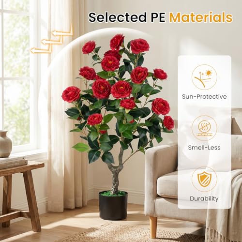Goplus 35.5’’ Artificial Camellia Tree, Flower Plants Artificial Tree, Faux Floral Plant Blooming Tree in Cement Pot, Greenery Potted Plant for Indoor Outdoor Office Home Porch Decor - color: Red, size: 2ft 11in