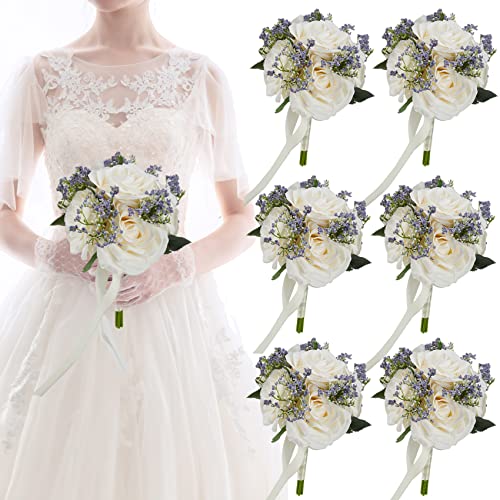 6.5 Inch Ivory Bridesmaid Bouquet, Set of 6, Purple Wedding Bouquets for Bridesmaids, Small White Bridesmaids Bouquets - color: 6pcs White&purple Bouquets
