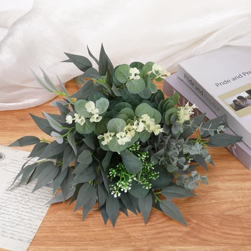 100 Pcs 4Kinds Artificial Mixed Eucalyptus Stems Leaves Bulk Fake Greenery Silver Dollar Eucalyptus Leaves Bundle Faux Greenery for Centerpieces Artificial Greenery for DIY Vase Home Decor Wedding
