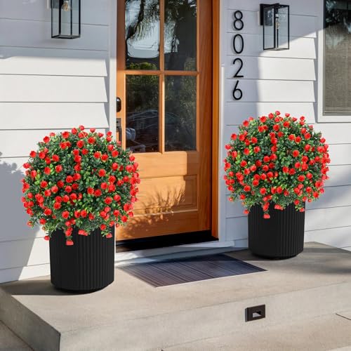 Artificial Red Rose Topiary Ball Tree 25" with Ground Spike, Set of 2 Artificial Boxwood Bushes for Faux Shrubs, Fake Evergreen Faux Plant for Indoor Outdoor Porch Garden -UV Resistant–Fade-Proof - color: Red Rose