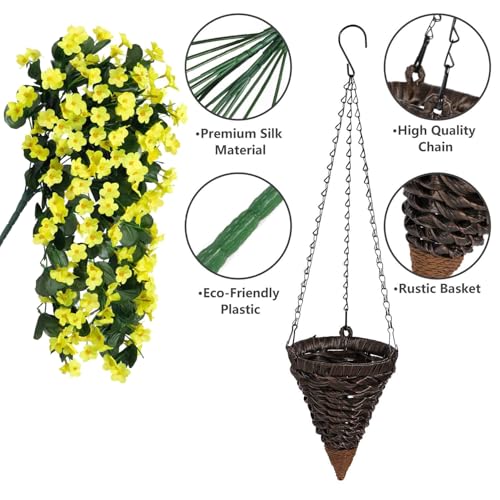 Artificial Faux Hanging Flowers Plants Baskets for Outdoor Outside, Fake Silk Yellow Orchid Trailing Vines in Planter Realistic UV Resistant for Balcony Porch Decor - color: Yellow