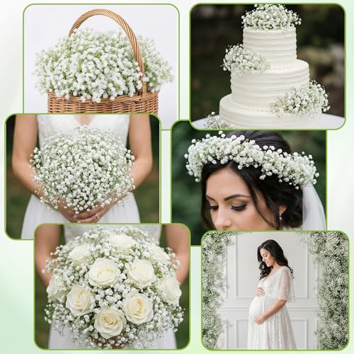 200-Pcs Baby Breath Artificial Flowers Bulk, Real Touch White Artificial Gypsophila with Green Stems for Wedding Centerpieces, Home Decor, Party Decoration (200 Count)