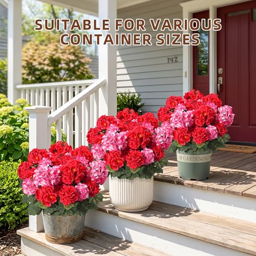 Geraniums Artificial Flowers for Outdoors, 2 Pack Potted Plants Faux Geraniums Bush Artificial Topiaries Realistic UV Resistant Fake Flowers Greenery for Outside Gardens Porch Patio Yard Indoor, Mix - color: 6 Red, 6 Pink