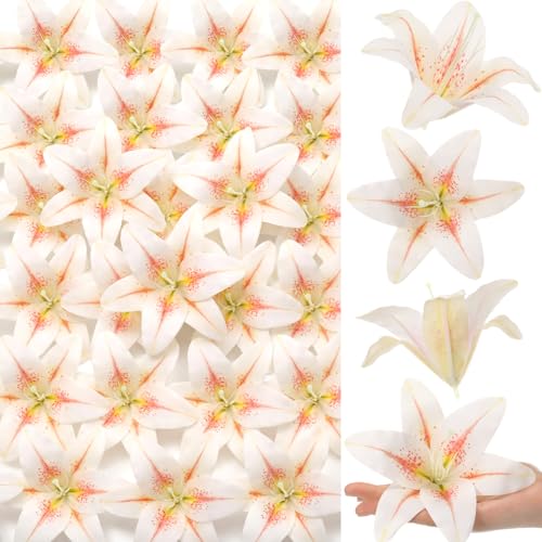 Suncalla 30 Pack Large Artificial Lilies Flower Heads with Realistic Stamens 5.9" Faux Fake Lily Flower Heads Bulk for DIY Crafts Cake Wedding Bridal Wreaths Table Home Party Decor (Light Bean Paste) - color: Light Bean Paste