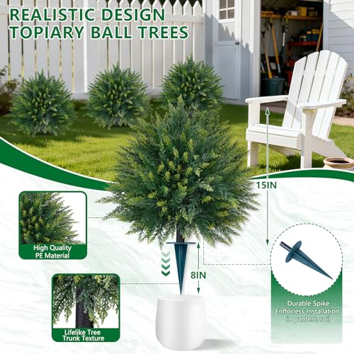 Artificial Cedar Topiary Trees with Ground Spike, 2 Pieces Fake Pine Shrubs Bushes, UV Resistant Faux Evergreen Cypress Tree Plants for Indoor Outdoor Planters Front Porch - color: Cedar Ball