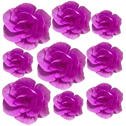 BRT Bearingshui Crepe Paper Flowers Decoration for Wall Total 9 Pcs, Artificial Flowers Backdrop for Wedding Decor Baby Bridal Shower Birthday Party, Rose Red 3D Wall Flowers Decor - color: Rose Red