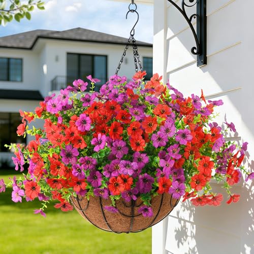 Artificial Flowers Hanging Baskets, 12 Bundles Faux Flower Outdoor Hanging Basket Spring Summer Decoration, Fake Flowers Plants for Porch Patio Balcony Home Yard Decor(Light Purple Red) - color: Light Purple,red