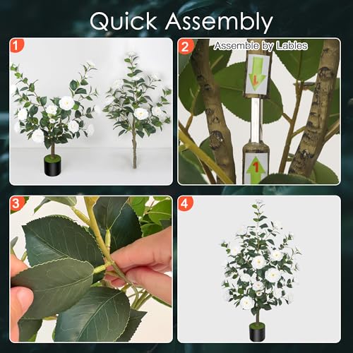 2Pack 47.24"/3.94FT Artificial Camellia Trees with 36 White Flowers in Cement Pots – Lifelike Fake Trees for Front Porch, Home, Indoor Outdoor Spring Decor, Office or Housewarming Gifts - color: White, size: 47.24 inchx2