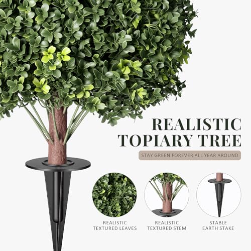 26" Artificial Boxwood Topiary Ball Tree with Ground Spikes, 2 Pack UV Resistant Fake Outdoor Plants for Front Door Porch Garden Patio Entryway Decor, Realistic Faux Shrub Height - color: Boxwood Topiary Ball Trees Dark Green 26