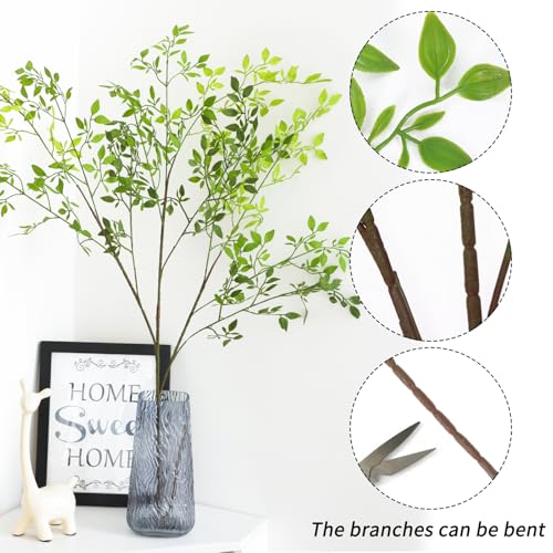 CEWOR 4pcs Artificial Plants Fake Greenery Branches for Vase, 43.3 Inch Green Nandina Long Steams for Tall Vase, Fake Plants Spring Stems for Wedding Garden Office Home Décor
