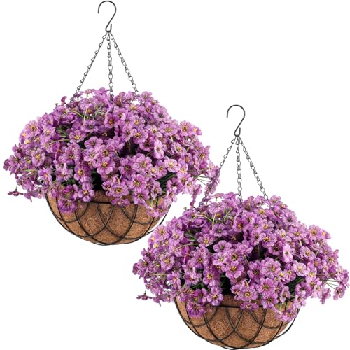 Beeveer 2 Pack Artificial Hanging Flower Basket for Outdoor Decoration Faux Orchid Hanging Plants with Coconut Lining Basket Fake Arrangement for Porch Courtyard Decor - color: Purple
