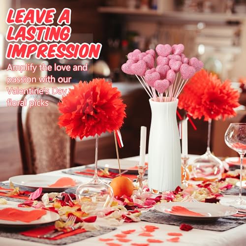 24 Pcs Valentine's Day Glitter Foam Hearts Sticks Foam Heart Picks Sparkly Hearts Stems Puffy Heart Wooden Picks for Valentine Wedding Decorations Flower Arrangements Crafts (Pink) - color: Pink, size: 24 Pcs