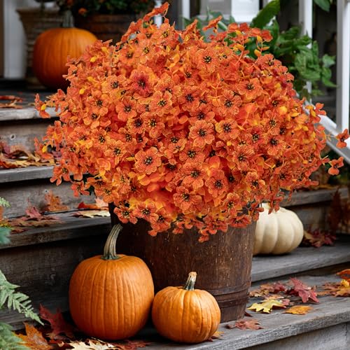 AXYLEX Artificial Fall Flowers Outdoor Fake Mums - 16 Bundles Fake Plants UV Resistant No Fade Faux Plastic Greenery Garden Porch Patio Fall Home Decor (Orangeyellow) - color: Orangeyellow
