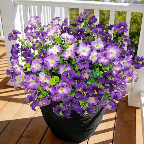 Artificial Flowers for Outdoors Decoration, 12 Bundles Fake Silk Morning Glory with Faux Plastic Eucalyptus UV Resistant for Outside Front Door Porch Planters Patio Garden Decor (MultiColor 4) - color: Multicolor 4