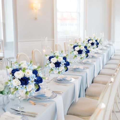 14.57" Blue and White Artificial Flowers Bouquets Fake Silk Roses and Lily Flower Faux Floral Arrangements for Bride Wedding Reception Home Decor Indoor
