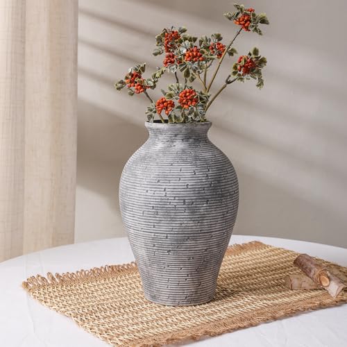 Ceramic Flower Vase Home Decor, 9 in Farmhouse Table Vases Rustic Vintage Living Room Kitchen Bedroom Pottery Decorative Vases for Flowers House Book Shelf Office Coffee Desk Dining Entryway, Grey - color: 9 in - Grey