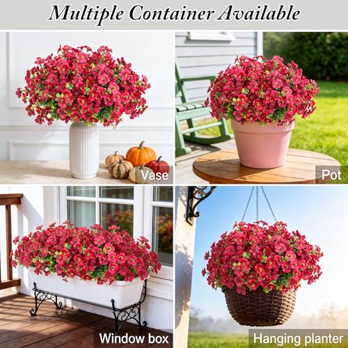 Artificial Flowers for Outdoors Decoration for UV Resistant Silk,16 Bundles | Artificial Violet Flowers for Outdoor Decor, Realistic Fake Plants for Porch,Garden,Window Box,All Rose Red - color: Rose Red