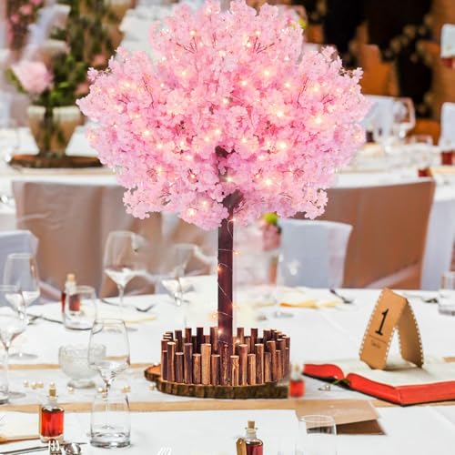 TTMDK 5FT Pink Artificial Cherry Blossom Tree with LED Light, Handmade Pink Cherry Tree, Christmas Cherry Blossom Tree Artificial for Party, Wedding, Home Decor, Indoor & Outdoor (1.5M / 6 Trunks) - size: 5ft
