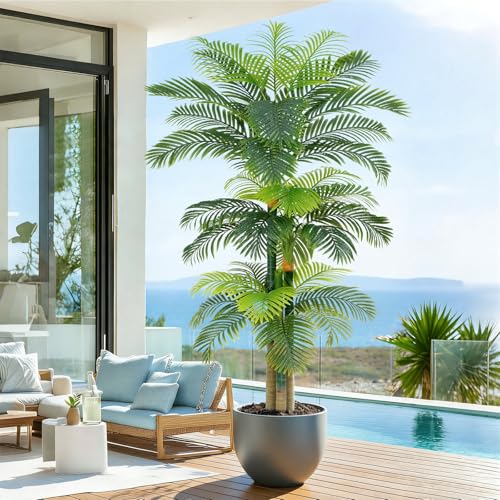 8.5ft Artificial Golden Cane Palm Tree - Large Triple Fake Palm Tree in Pot for Indoor/Outdoor, Patio, Pool, Big House, Office, Backyard, Home Decor - Green, Extra Tall - size: 8ft 6in