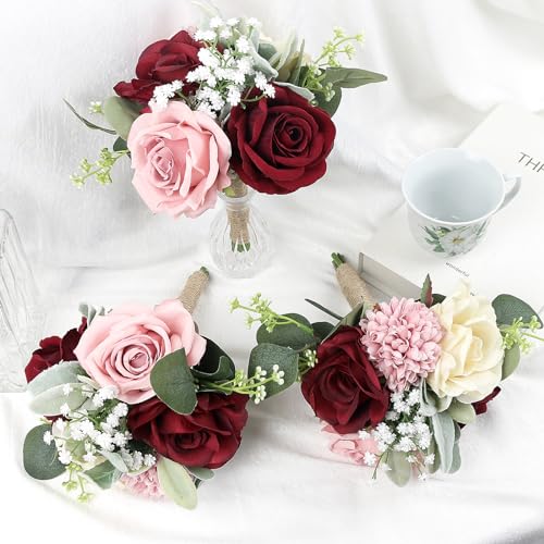 Set of 6 Artificial Bridesmaids Bouquets for Wedding -7 Inch Bridesmaid Bouquet Blush & Burgundy Silk Rose Pre-made Small Wedding Flowers for Bridal Shower Centerpieces Ceremony & Anniversary - color: Blush & Burgundy, size: 6pcs Bouquets