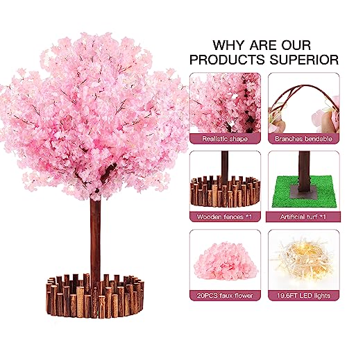 TTMDK 5FT Pink Artificial Cherry Blossom Tree with LED Light, Handmade Pink Cherry Tree, Christmas Cherry Blossom Tree Artificial for Party, Wedding, Home Decor, Indoor & Outdoor (1.5M / 6 Trunks) - size: 5ft