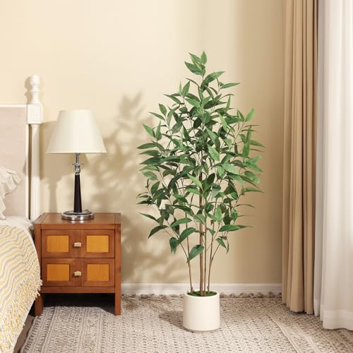 Ferrgoal Artificial Eucalyptus Tree，4FT UV Resistant Fake Outdoor Plants,Artificial Plants Indoor with White Planter,Silk Leaves,Faux Tree for Home Decor Floor Porch Liveing Room - size: 4ft