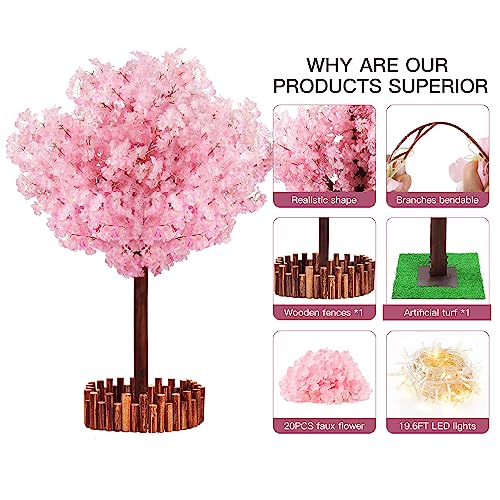 4FT Pink Christmas Artificial Cherry Blossom Tree with LED Light, Handmade Pink Cherry Tree, Cherry Blossom Tree Artificial for Party, Wedding, Home Decor, Indoor & Outdoor (1.2M/4 Trunks) - size: 4ft